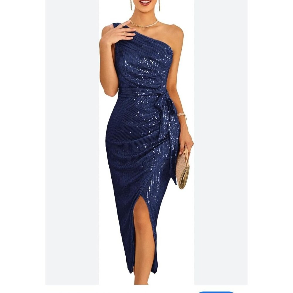Grace Karin Womens One Shoulder Sequin Wrap Cocktail Dress Navy Size XXL Party